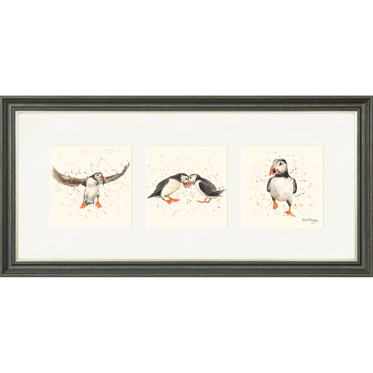 Puffin Parade - puffin triptych framed print by Bree Merryn
